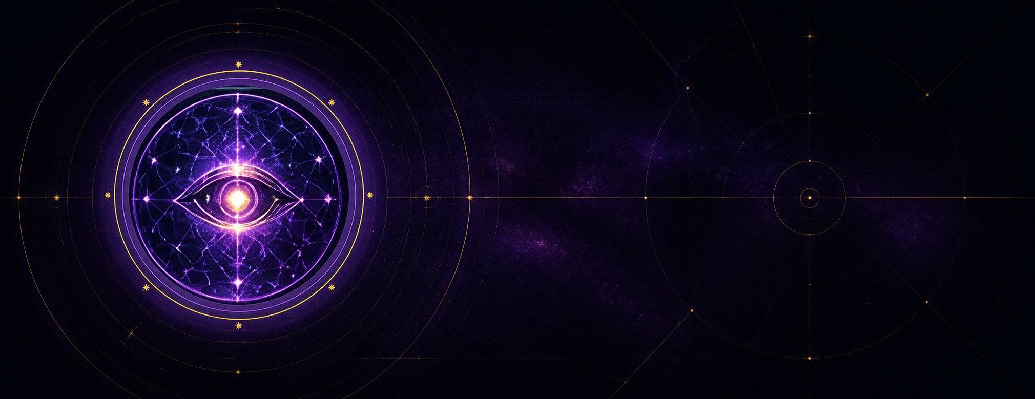 The violet Noosphere eye medallion within gold celestial geometry