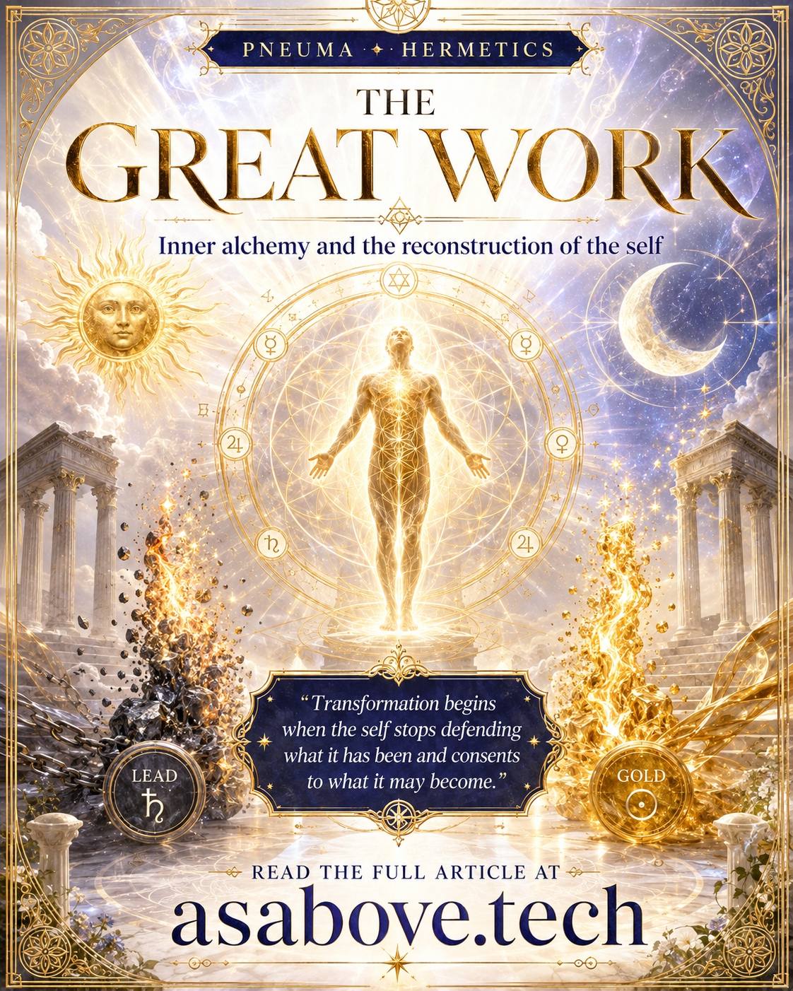 The Great Work - inner alchemy and the reconstruction of the self: a luminous figure surrounded by alchemical and astrological symbols, lead transmuting into gold