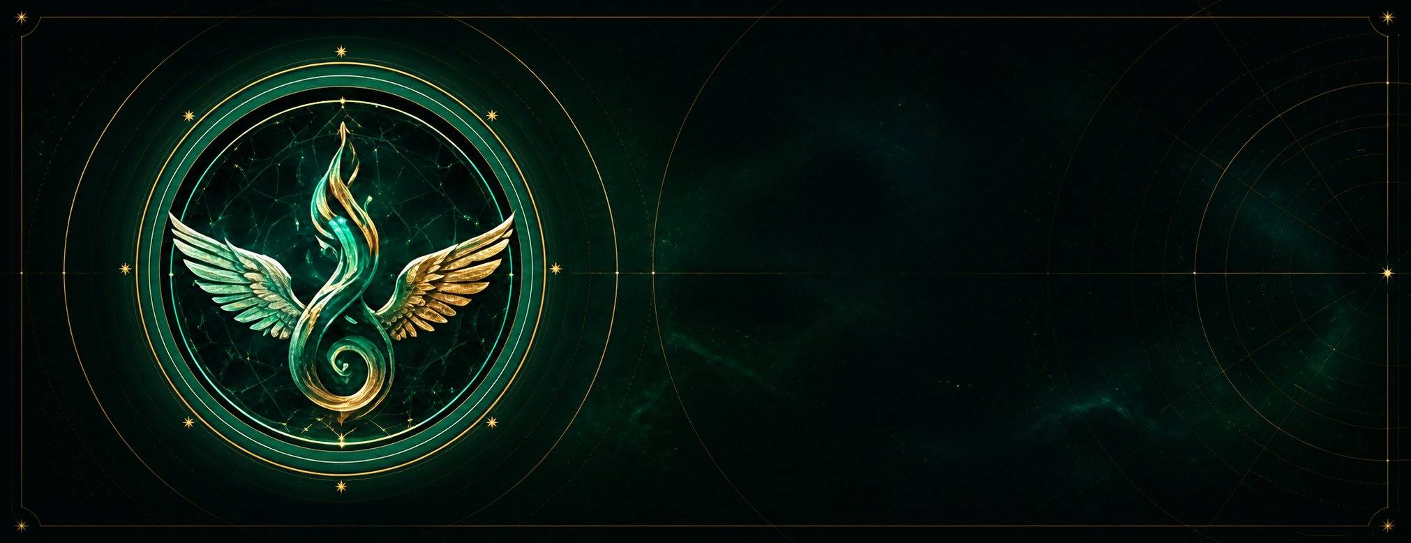 The emerald Pneuma winged-flame medallion within gold celestial geometry