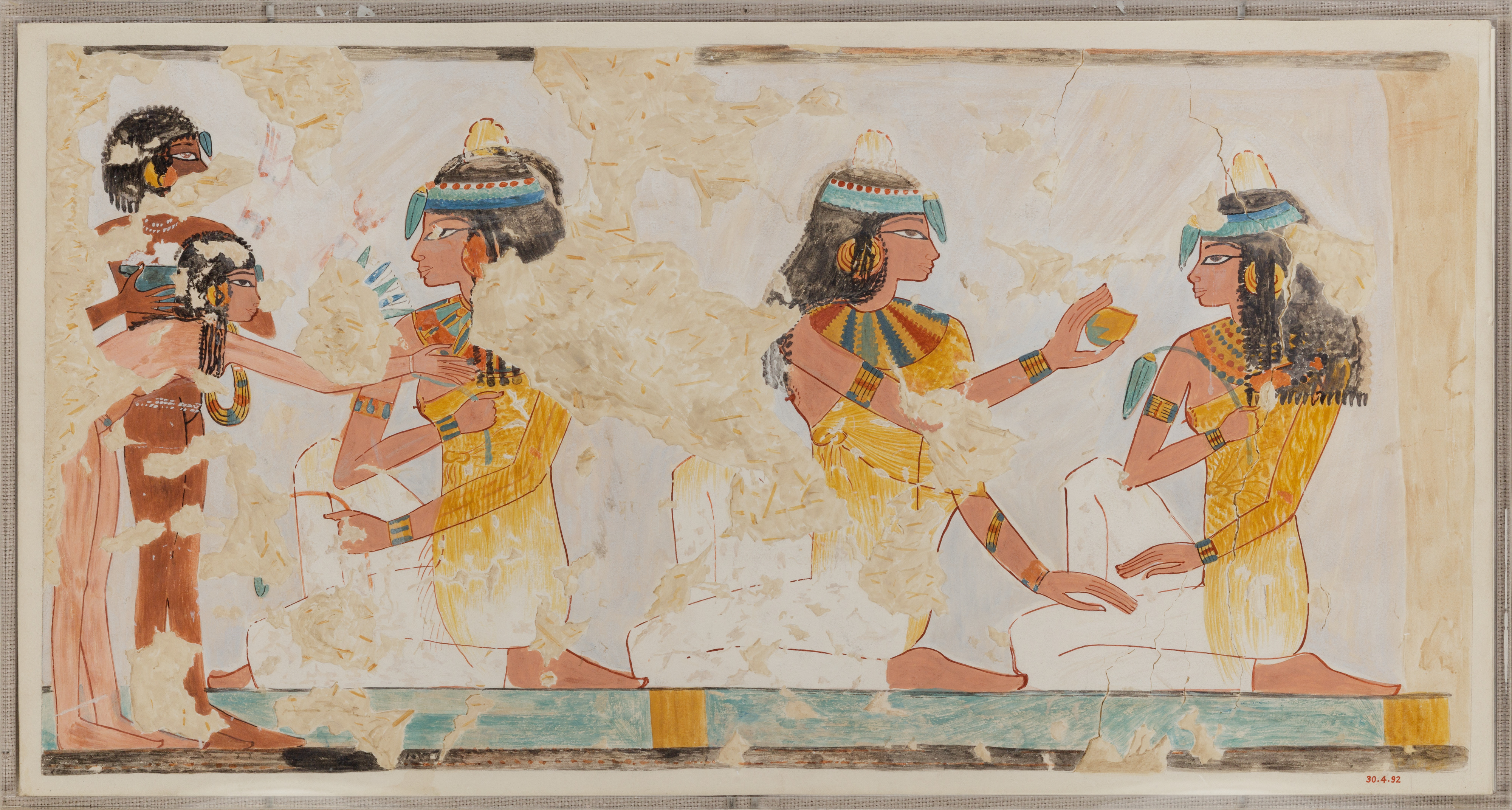 Women with flowers and a mandrake fruit in Nina de Garis Davies's facsimile of a New Kingdom banquet scene.