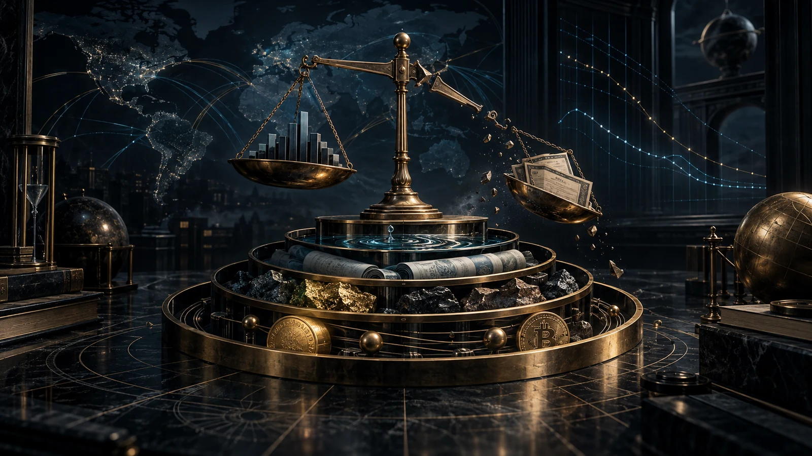 A broken brass balance above concentric portfolio-defense rings of liquidity, duration, inflation resilience, gold, and Bitcoin