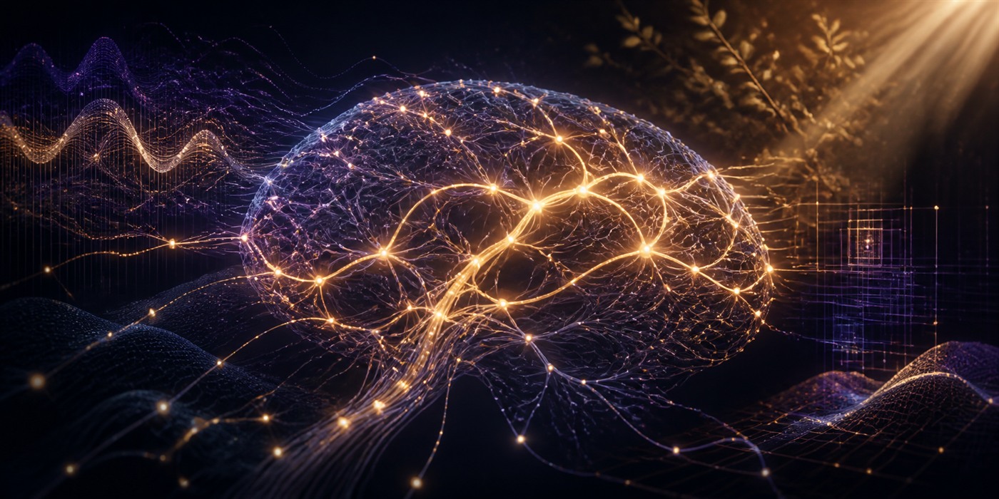 A luminous neural network shaped by incoming waves, environmental geometry, and selective golden pathways