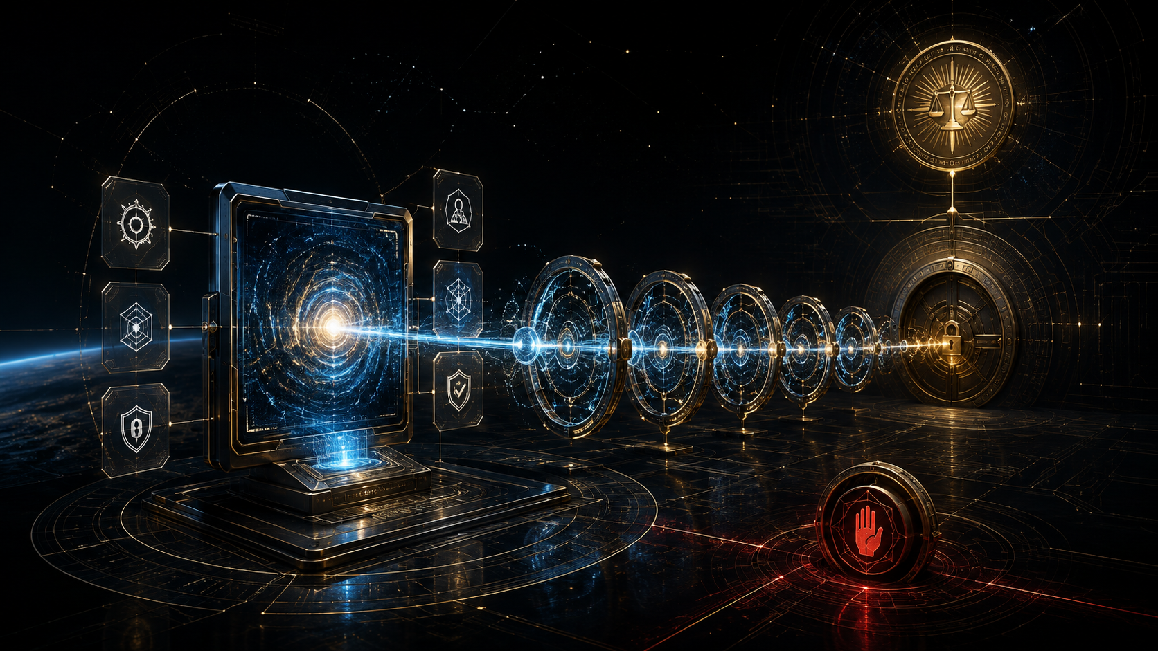 A dark computer terminal connected to concentric authorization rings, a principal seal, and an independent stop gate
