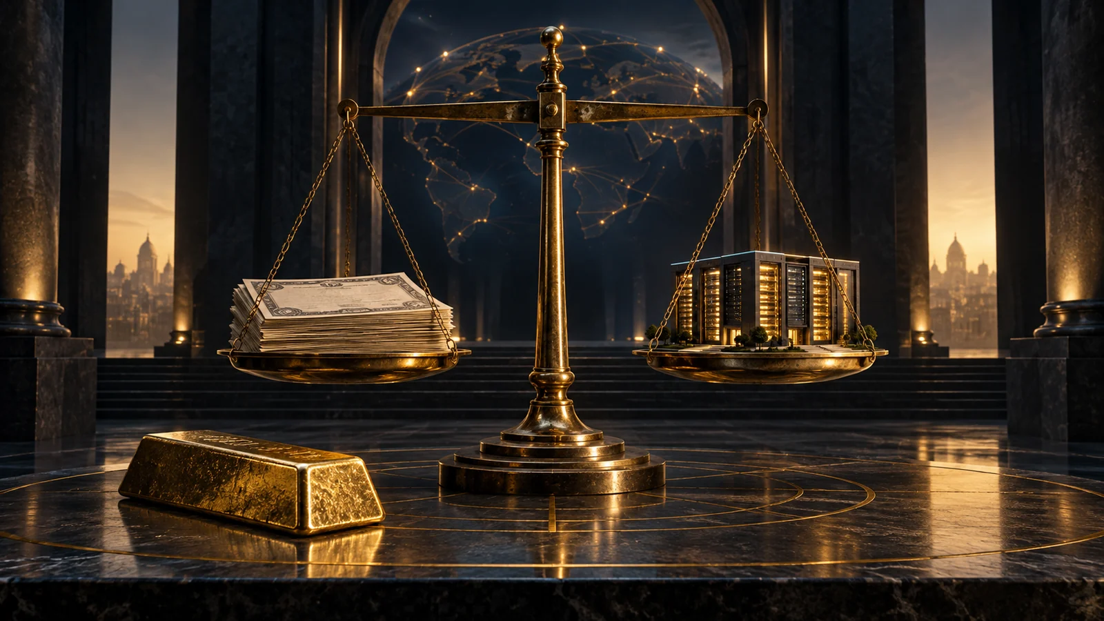 Conceptual brass balance weighing government debt against AI infrastructure, with a gold bar in the foreground