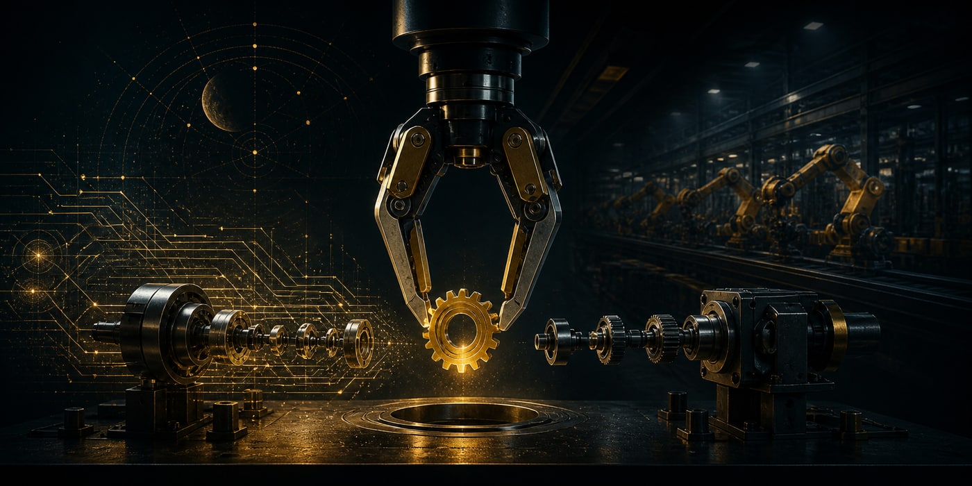 Conceptual robotic gripper transforming digital intelligence into precision mechanical work