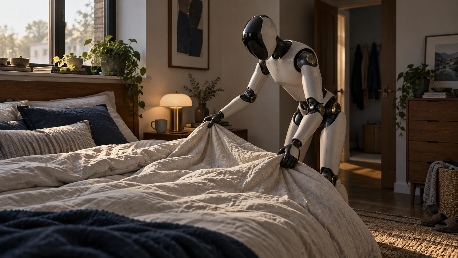 An original unbranded humanoid robot carefully makes a bed in an unfamiliar home