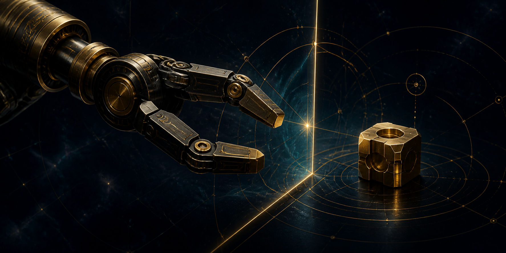 Conceptual gold robotic gripper paused at a luminous geometric boundary before a machined object