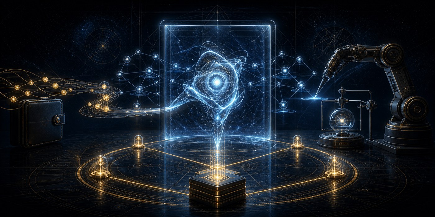A luminous autonomous agent crossing a glass threshold between a wallet, a network of agents, scientific equipment, and a robotic arm