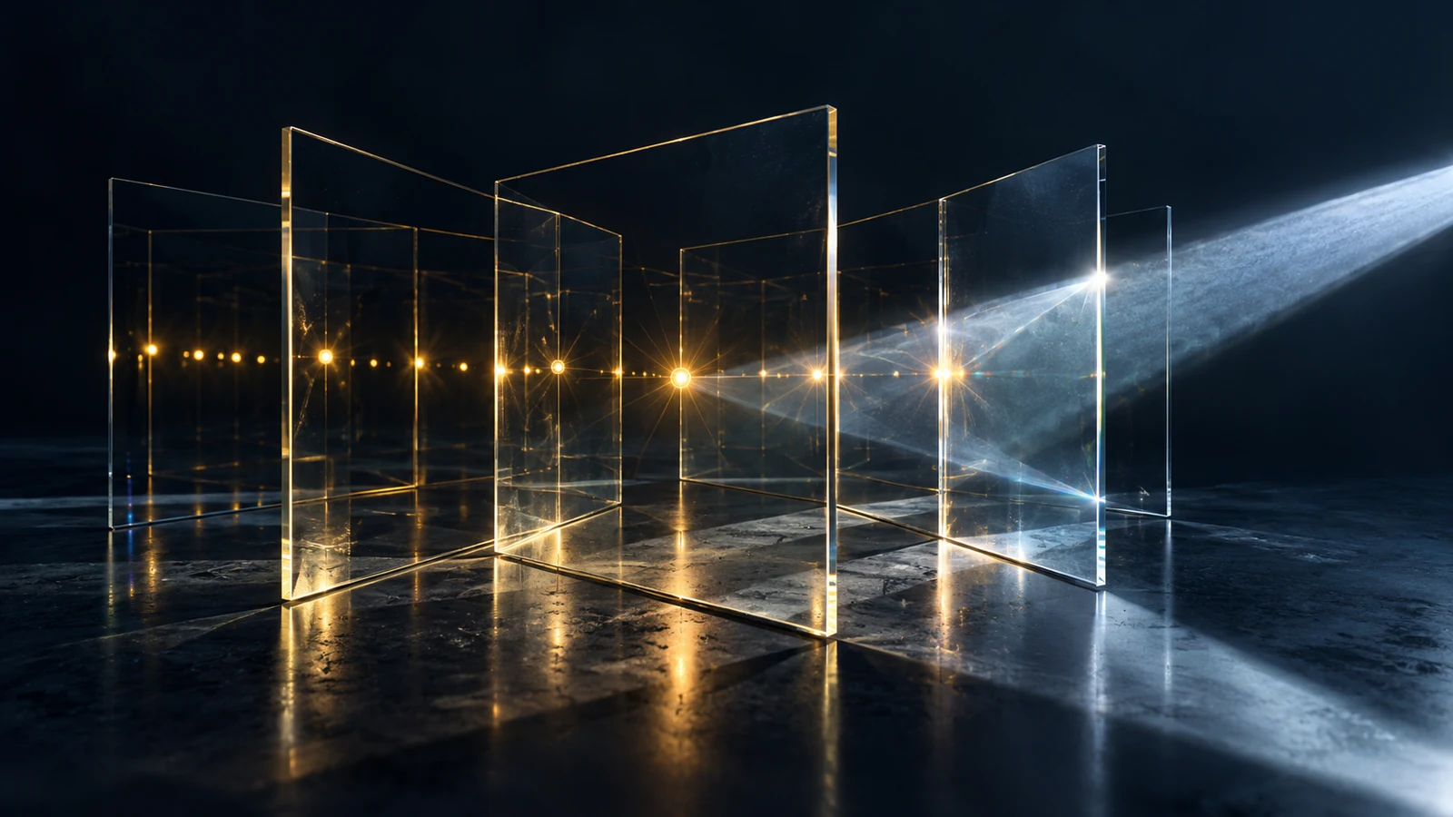 One golden point reflected across glass panels as a separate white beam reveals the original source
