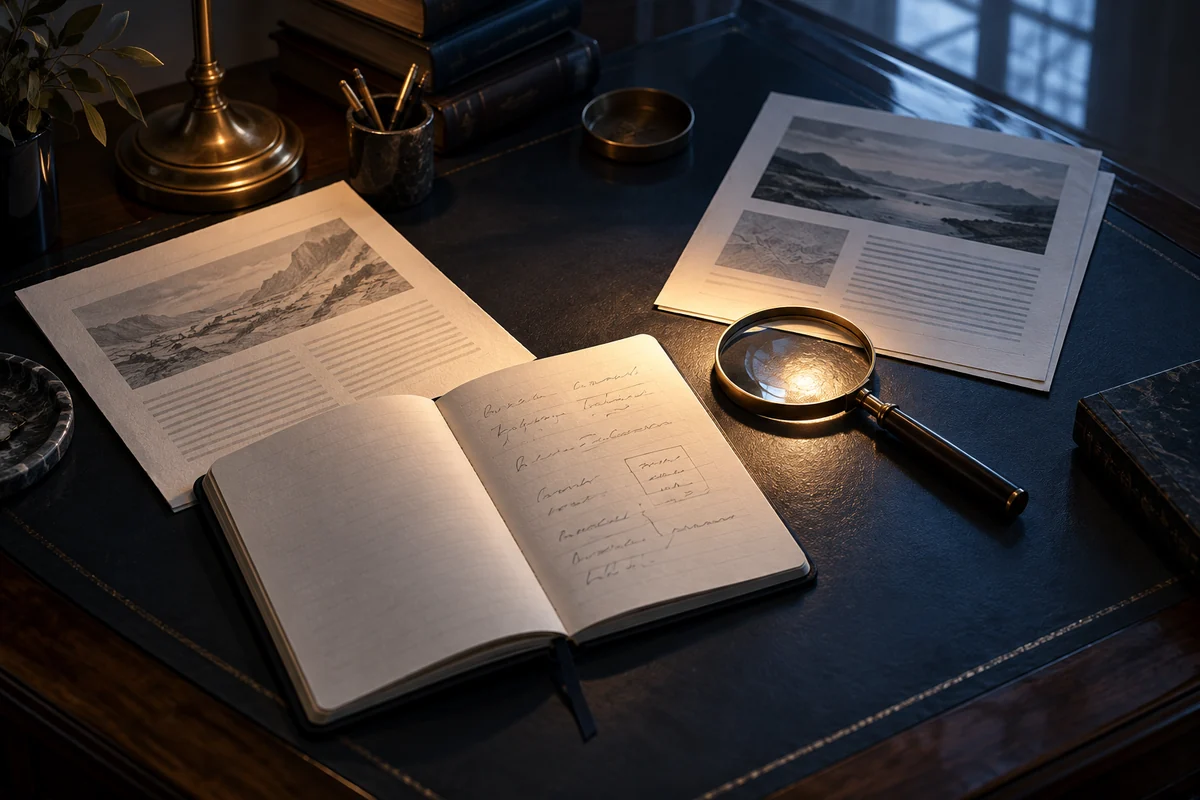 Open notebook, two separate source documents and a magnifying glass on a dark desk