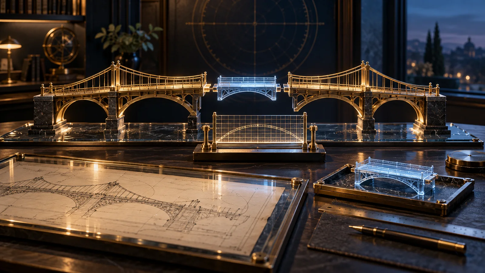 An intact brass bridge model, a protected blueprint, and a separate blue replacement span under inspection.