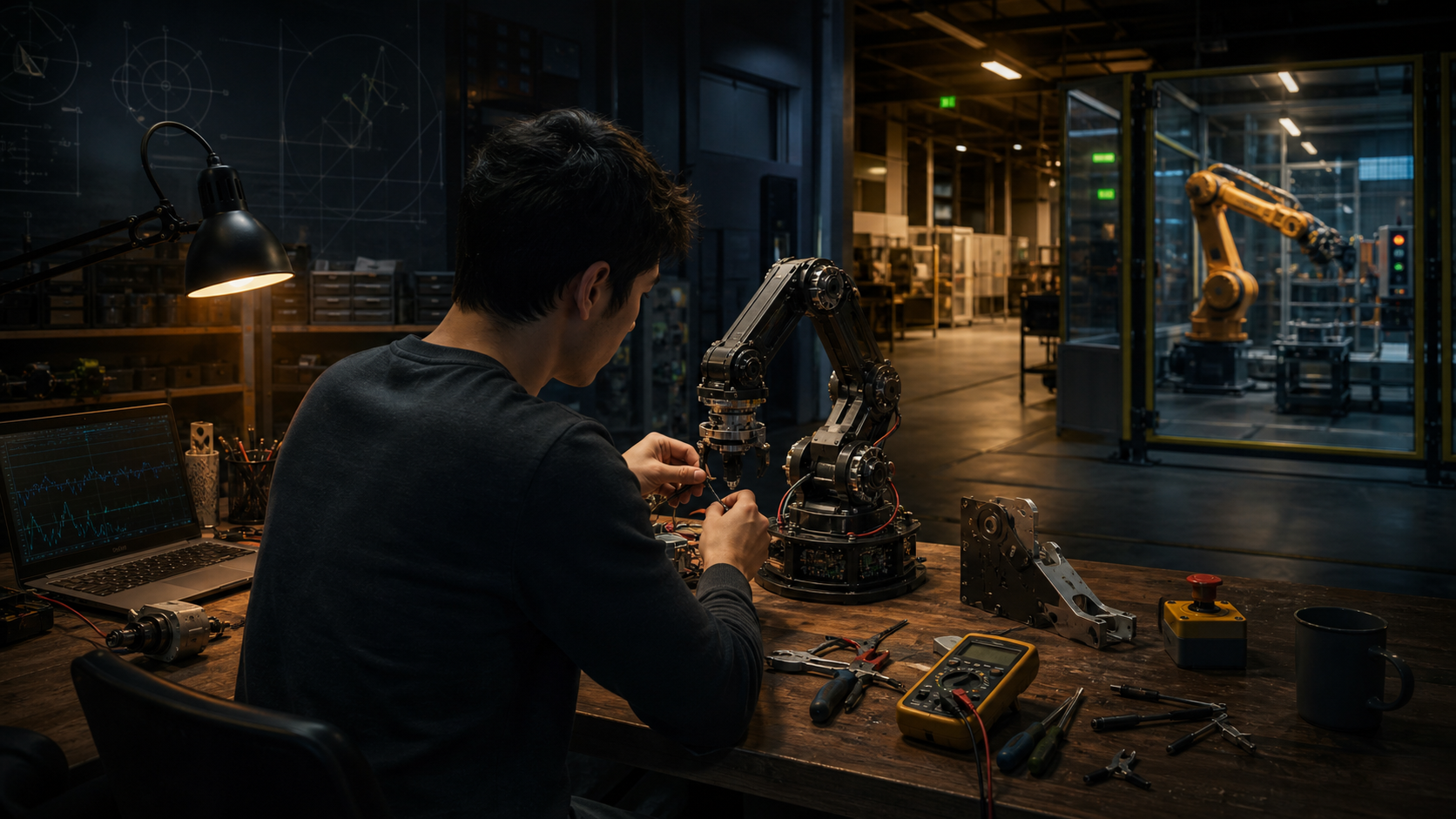 Young robotics builder debugging a small arm at a workbench, with an industrial robot operating safely inside a guarded cell beyond