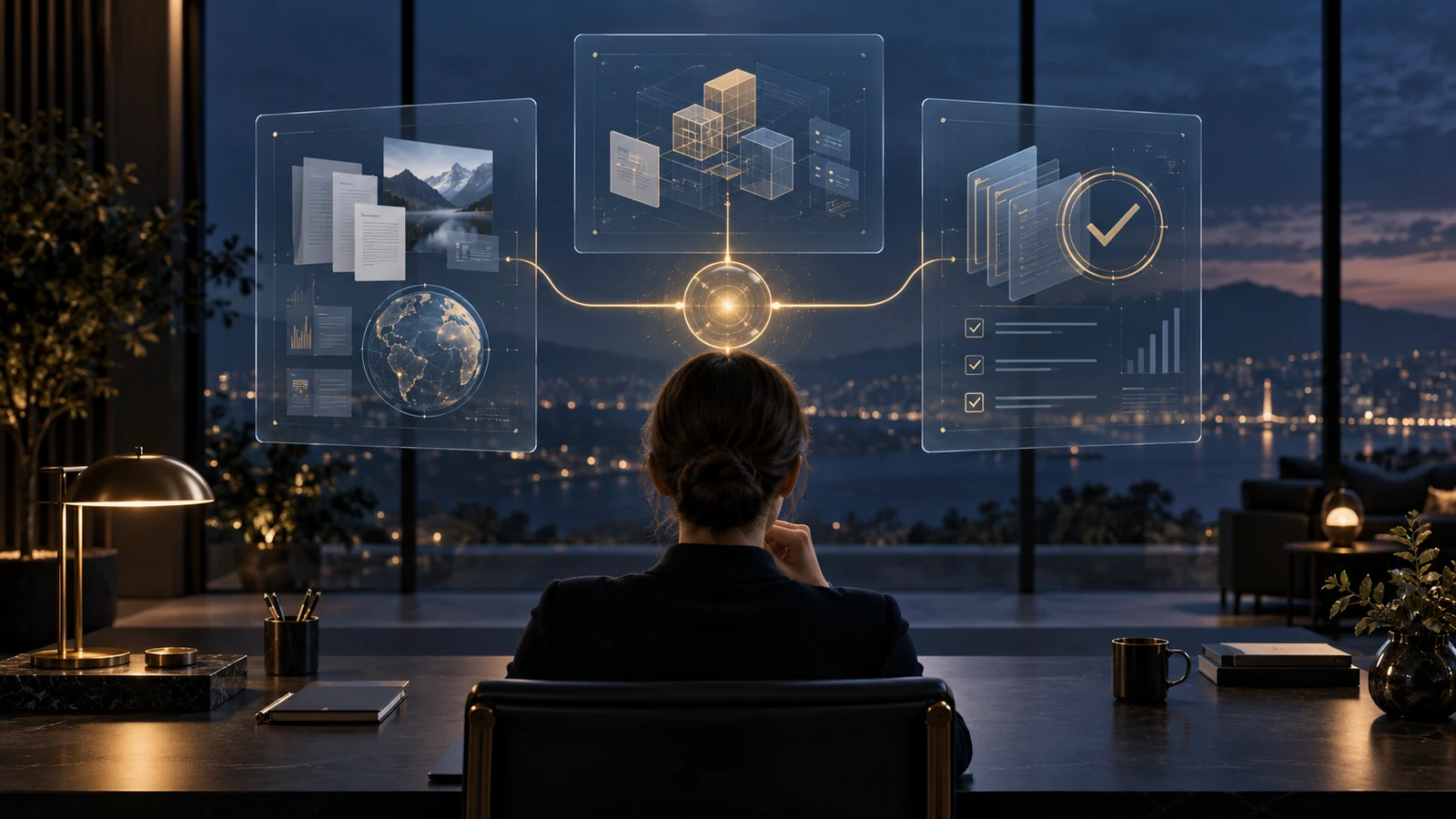 Human at a dark command desk viewing separate research, build, and verification work lanes linked through a central routing node