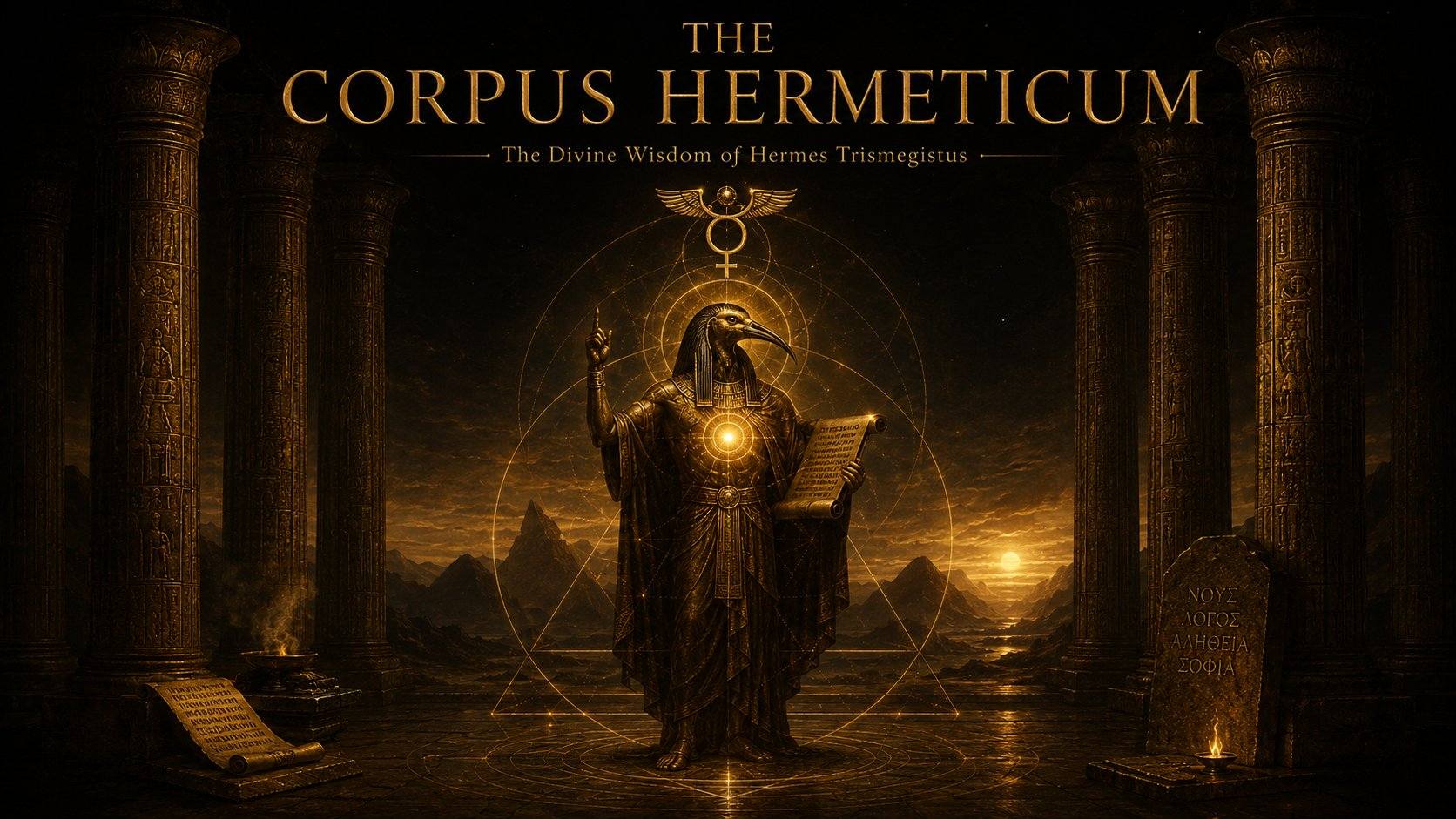 The Corpus Hermeticum: The Divine Wisdom of Hermes Trismegistus. Thoth-Hermes stands in an Egyptian temple holding a scroll, with sacred geometry radiating from a glowing heart center. Greek text on stone tablets reads NOUS, LOGOS, ALETHEIA, SOPHIA.