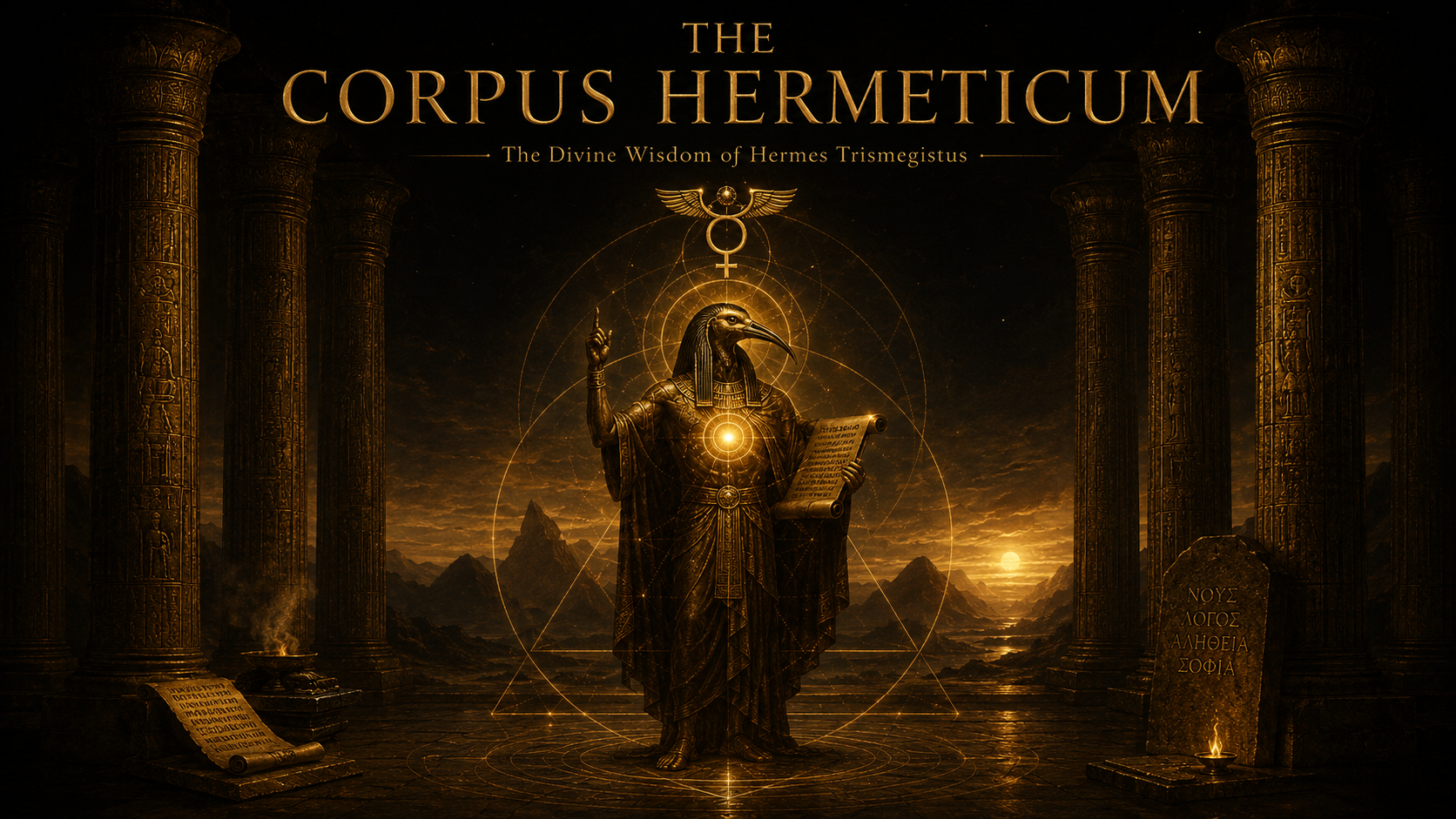 The Corpus Hermeticum: The Divine Wisdom of Hermes Trismegistus. Thoth-Hermes stands in an Egyptian temple holding a scroll, with sacred geometry radiating from a glowing heart center. Greek text on stone tablets reads NOUS, LOGOS, ALETHEIA, SOPHIA.