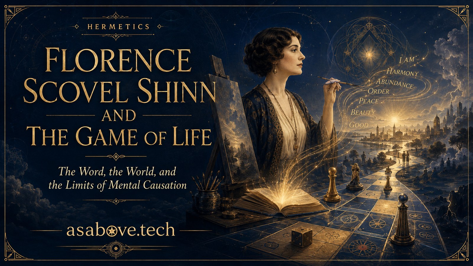 Hermetics: Florence Scovel Shinn and The Game of Life. Shinn in 1920s dress holds a brush beside an easel while a glowing open book casts golden light over a game-board path of chess pieces and dice leading to a luminous city. The words I AM, Harmony, Abundance, Order, Peace, Beauty, and Good rise in the sky.