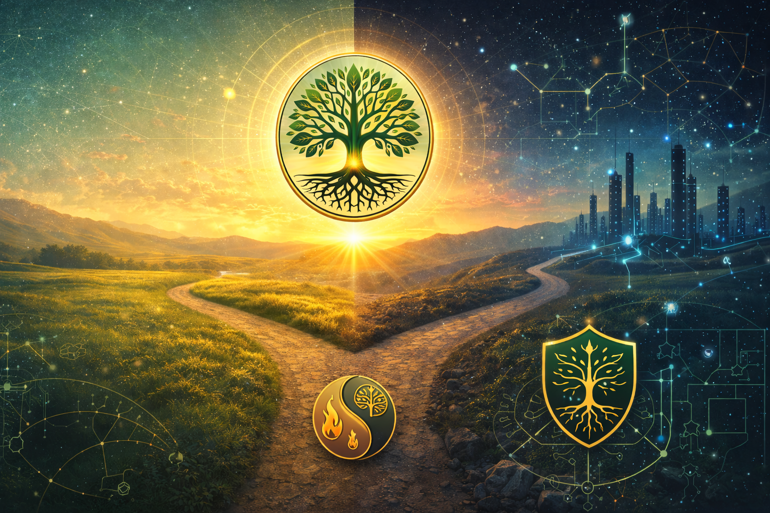 The fork in the road - Heaven and Hell paths diverge beneath the Tree of Life