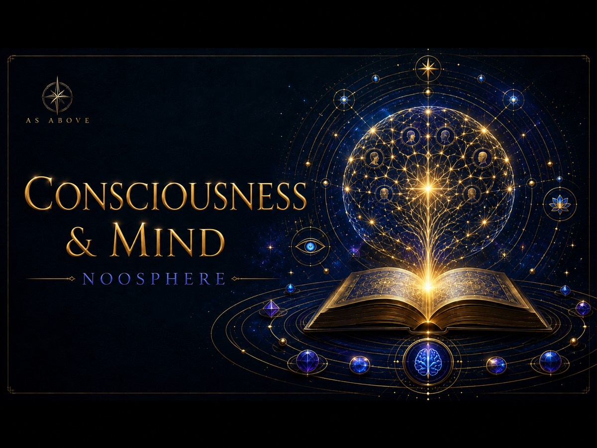 Consciousness and Mind ... Noosphere, represented by a luminous neural sphere and an illuminated book