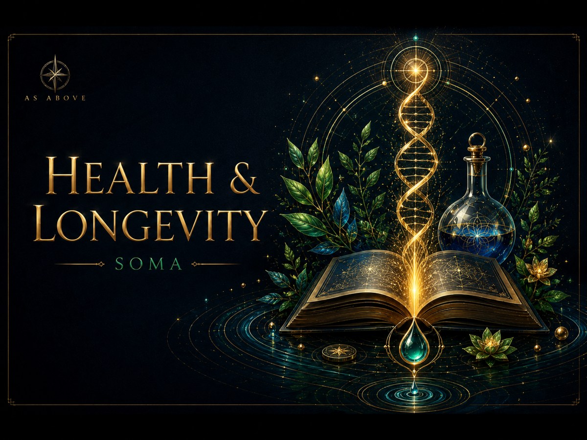 Health and Longevity ... Soma, represented by DNA, botanical life, and an illuminated book