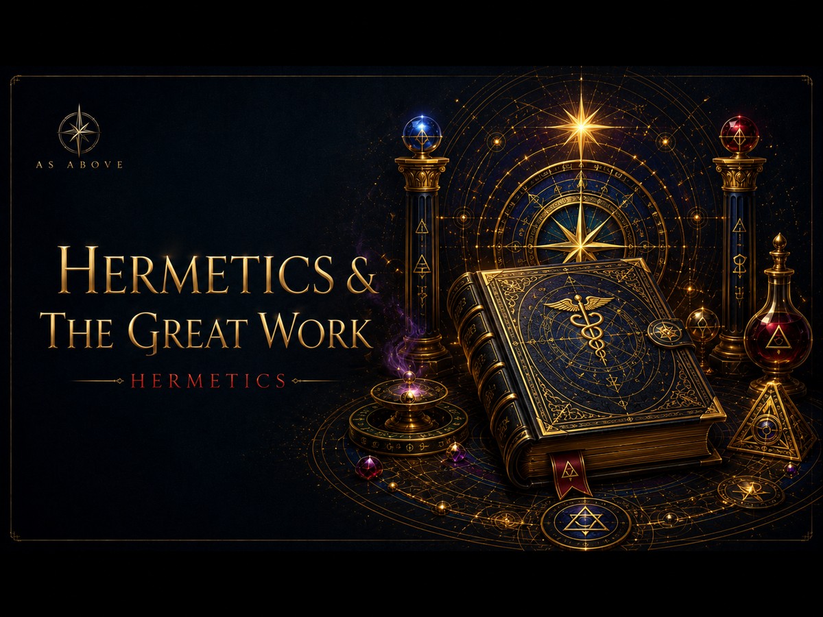 Hermetics and The Great Work ... an illuminated Hermetic volume framed by celestial instruments and alchemical vessels