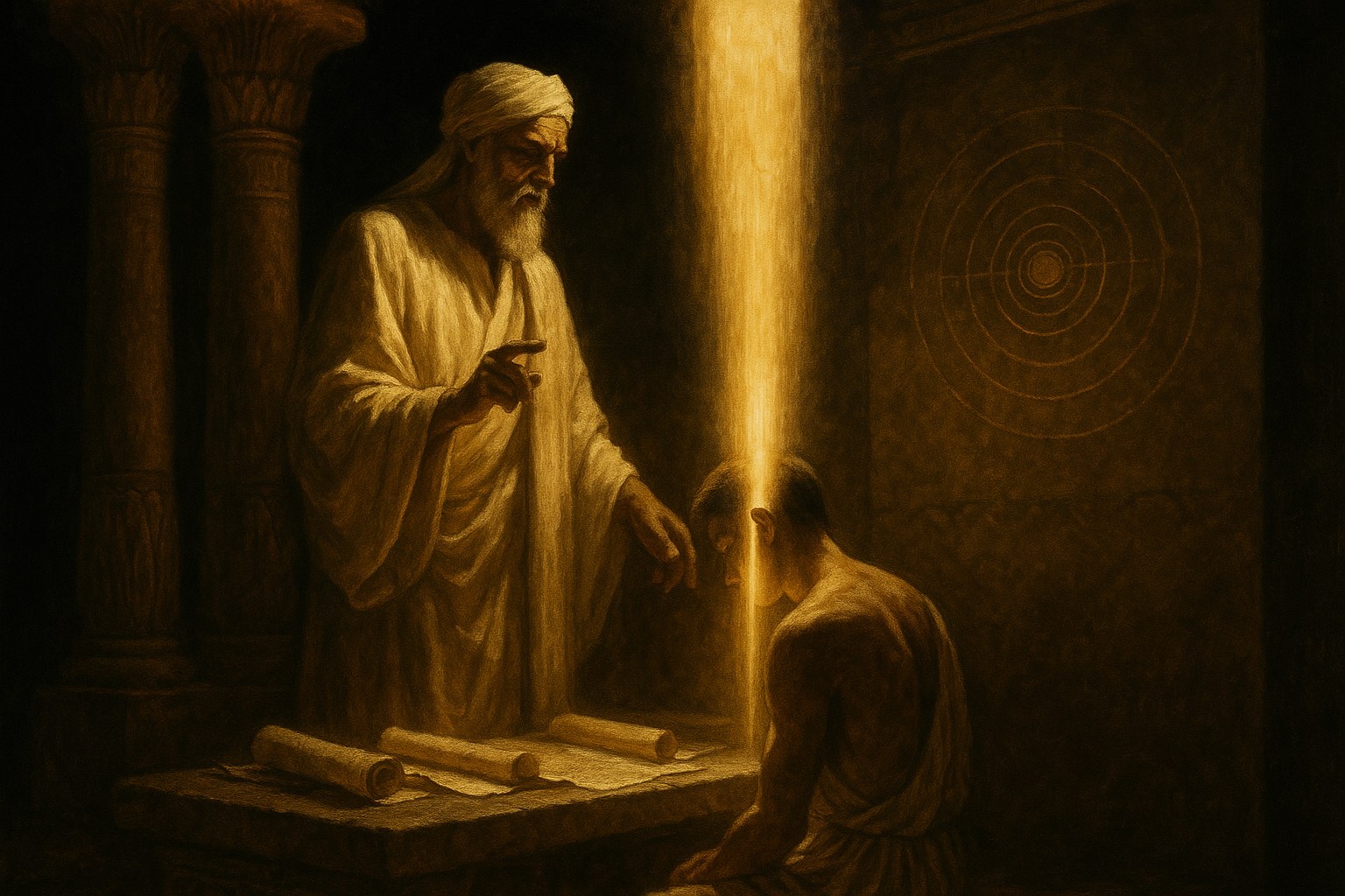 Gate II: The Way of Hermes. A teacher in white linen robes instructs a kneeling student in a Roman Egyptian temple chamber as dawn light passes through the student as a radiant column, with open papyrus scrolls and a glowing diagram of concentric cosmic spheres.