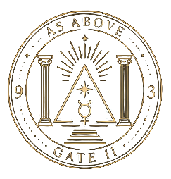 The As Above Gate II seal: a circular emblem with columns, ascending steps, the Mercury glyph, an apex triangle, and a guiding star.