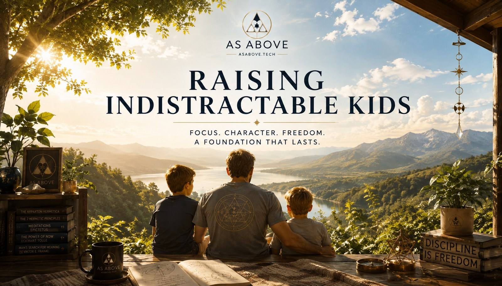 Raising Indistractable Kids ... a father and two sons seen from behind, sitting together overlooking a mountain valley and lake, framed by philosophy books including Meditations, The Power of Now and Man's Search for Meaning, a compass, and plants. Focus. Character. Freedom. A foundation that lasts.