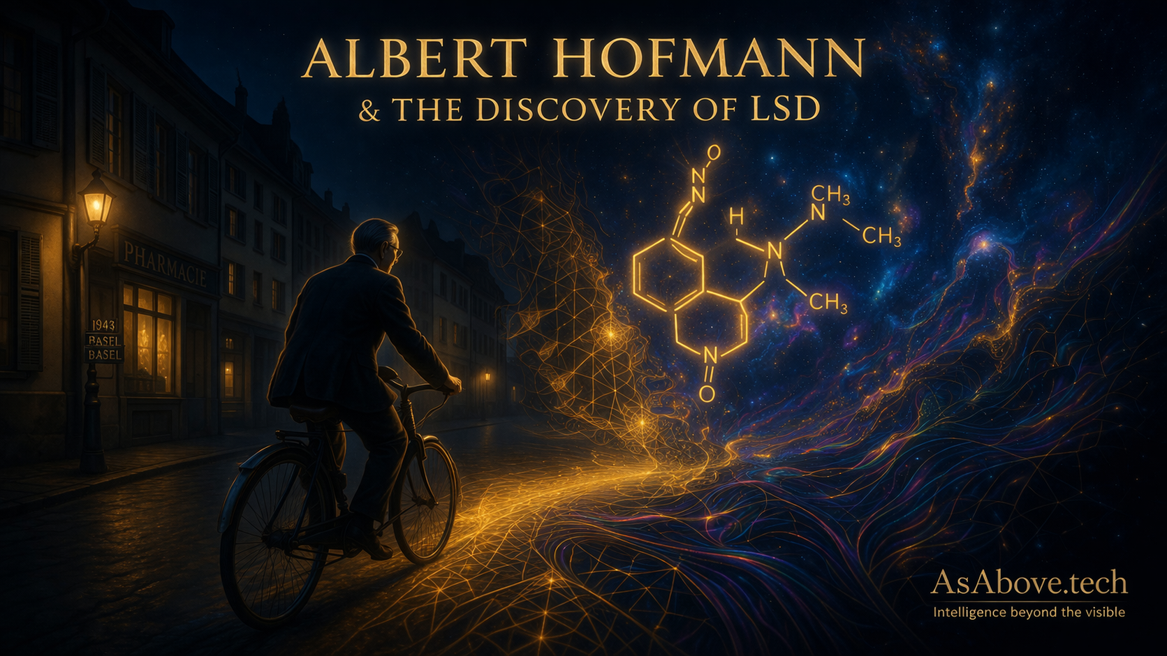 Albert Hofmann cycling through Basel on April 19, 1943 — the first intentional LSD trip, known as Bicycle Day. The molecular structure of LSD glows beside him as reality dissolves into cosmic patterns.