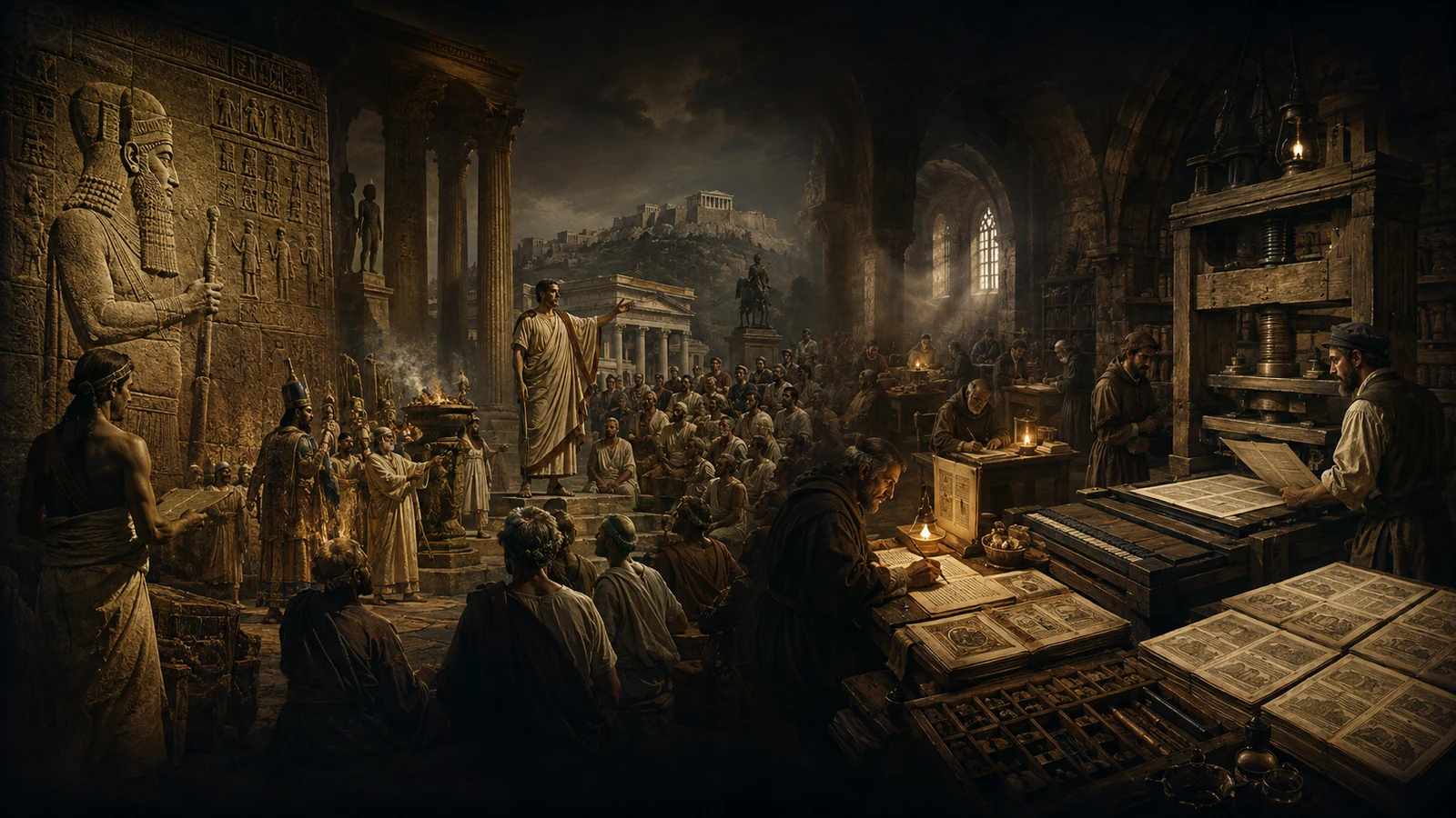 A historical panorama moves from royal stone inscriptions and a classical assembly to scribes and an early printing press