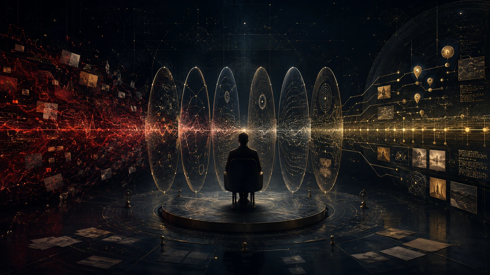 A calm observer sits before six translucent analytical lenses that transform a chaotic red information field into a structured gold evidence map