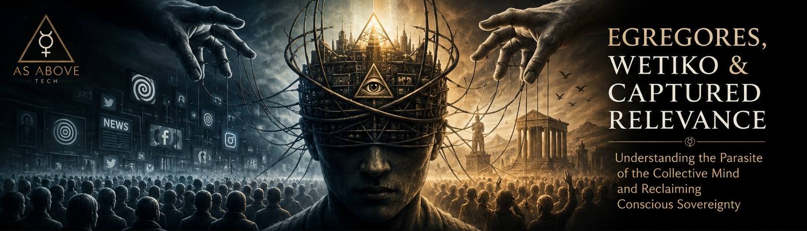 Egregores, Wetiko and Captured Relevance: a crowd beneath a figure whose head is caged in wire and city lights, worked by puppet strings, flanked by news and social feeds on one side and a classical temple on the other.