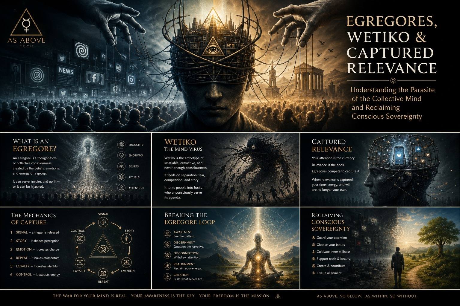 Six panel diagram of the capture loop: signal, story, emotion, repeat, loyalty, control, with the closing line that awareness is the key.