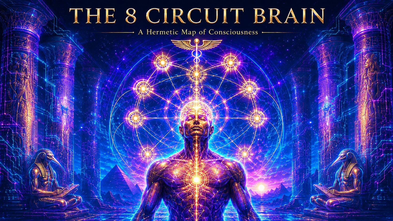 The 8 Circuit Brain: A Hermetic Map of Consciousness. A luminous figure with eight glowing energy centers aligned along the spine, flanked by Egyptian columns and Thoth scribes, with sacred geometry radiating from the crown.