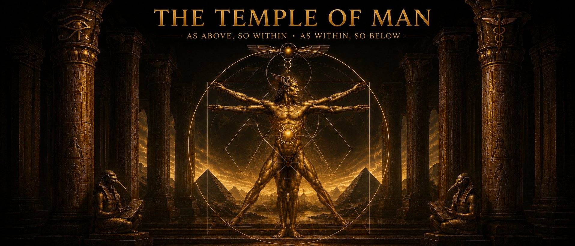 The Temple of Man: As Above, So Within. As Within, So Below. A golden Vitruvian figure inscribed in sacred geometry within Egyptian temple columns.