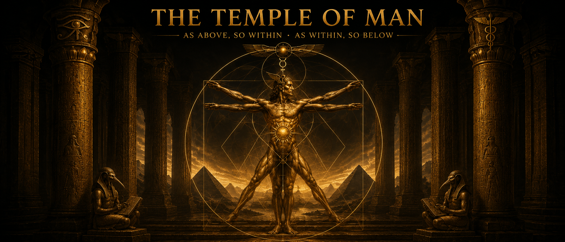 The Temple of Man: As Above, So Within. As Within, So Below. A golden Vitruvian figure inscribed in sacred geometry within Egyptian temple columns.
