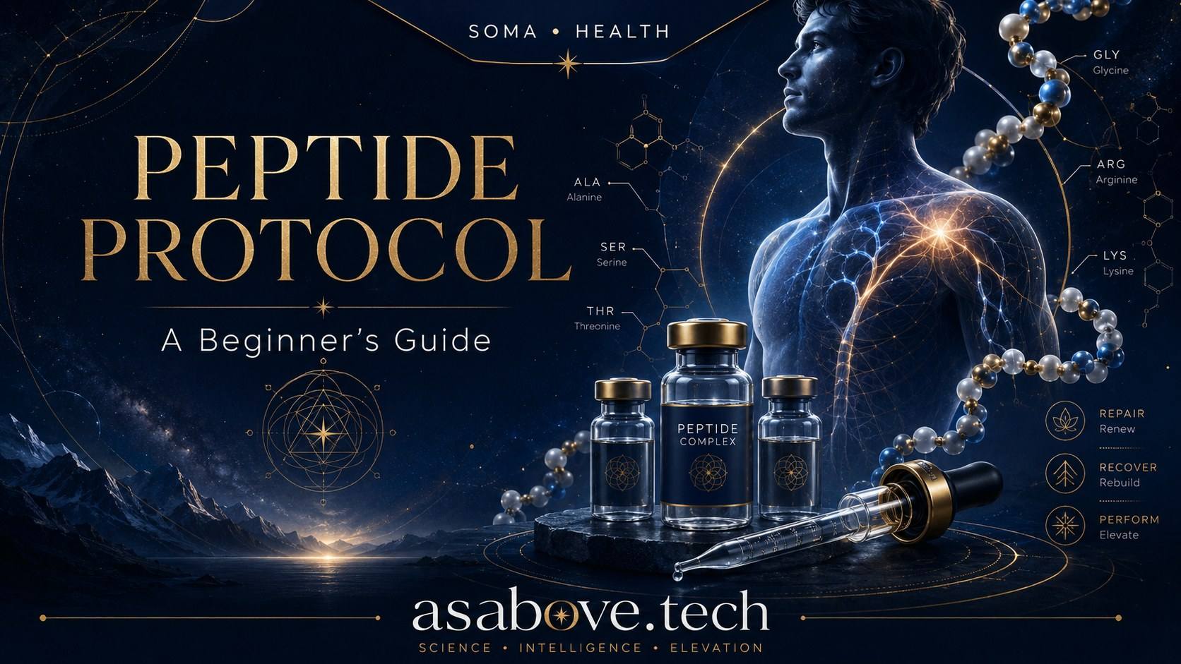 Peptide Protocol: A Beginner's Guide. Soma Health title banner from asabove.tech showing amino acid chains, peptide complex vials, and the repair, recover, and perform outcome pillars
