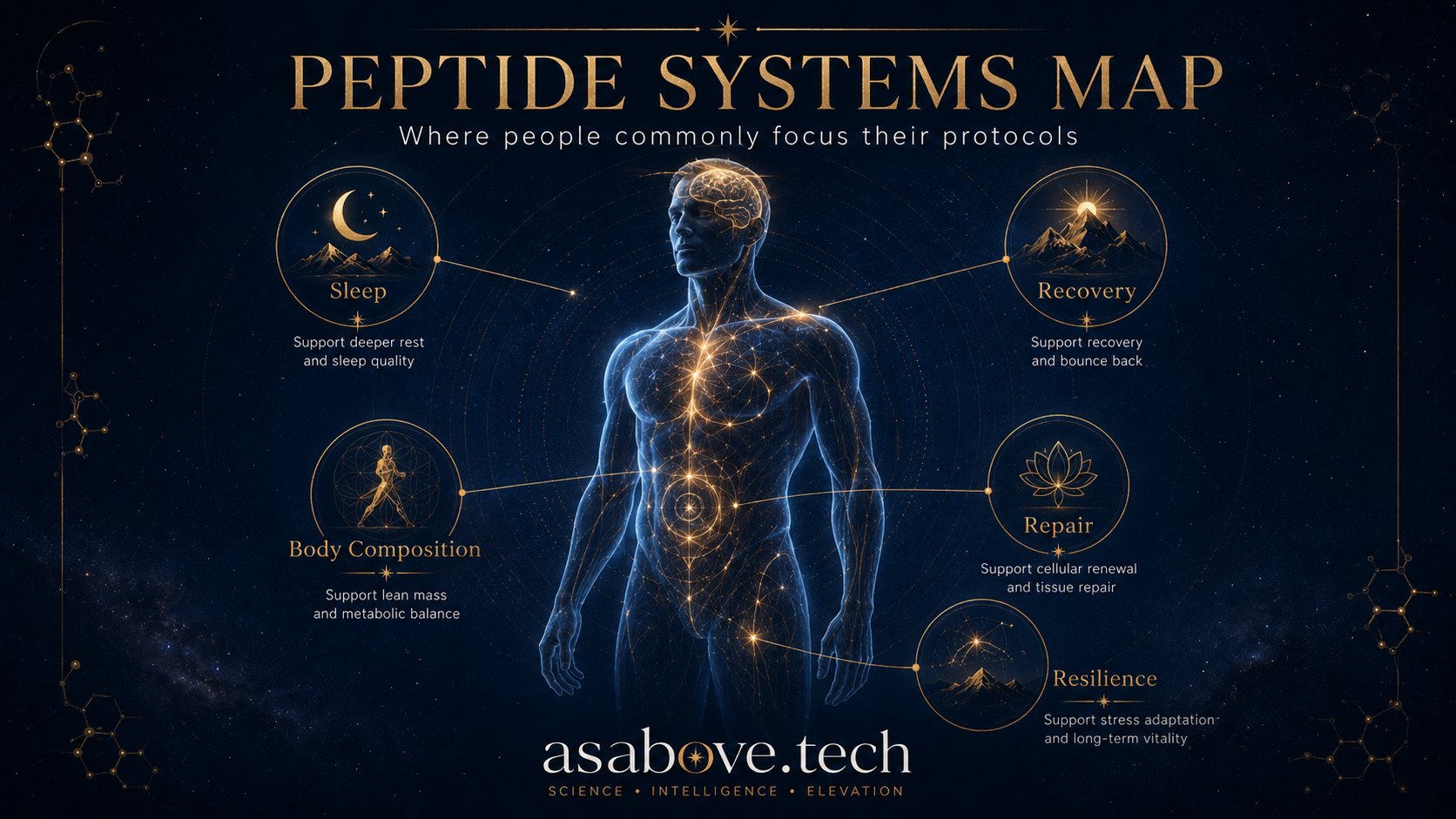 Peptide Systems Map: the five areas people commonly target with peptide protocols, including sleep, recovery, body composition, repair, and resilience